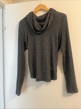 Lucky Brand Black & White Striped Cowl Neck Sweater